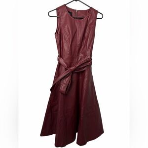 Chartou Burgundy Faux Leather Fit Flare Belted Sleeveless Dress NWT